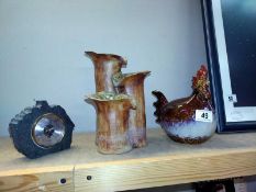 An art pottery bamboo planter, pottery chicken moneybox and slate barometer