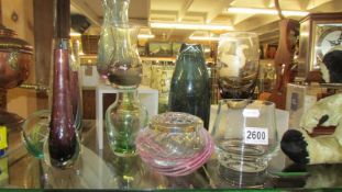 Ten studio glass vases and a paperweight, COLLECT ONLY.