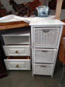 A wicker 3 drawer cabinet & a 2 drawer bedside