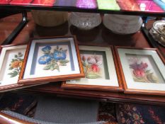 Four framed and glazed floral decoupage pictures. COLLECT ONLY.