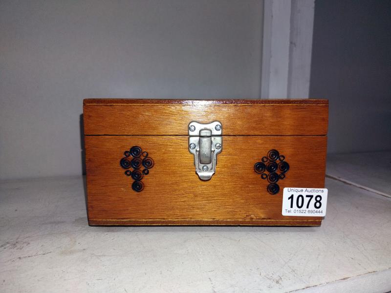 A wooden work box with poker work detail & 4 compartments with lid inside - Image 2 of 4