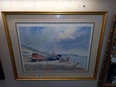 A framed & glazed limited edition print, ship & harbour scene 'The cable landing, A Filen? (406 of