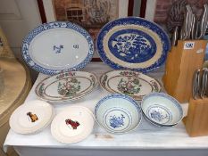 A selection of plates including Indian Tree, Blue Willow & Chinese rice bowls etc.