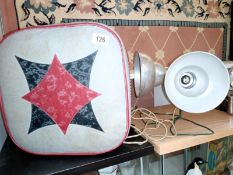 A square leatherette pouffe & 2 aluminium 1950's lamps A/F COLLECT ONLY