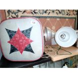 A square leatherette pouffe & 2 aluminium 1950's lamps A/F COLLECT ONLY