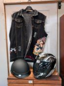 2 motorbike helmets and bikers waistcoat (ACDC) COLLECT ONLY