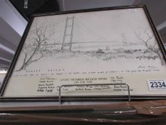 A framed and glazed pencil? drawing of the humber bridge depicting AFASC humber bridge swim 1981