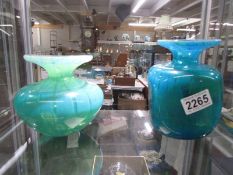 Two turquoise Mdina glass vases. Collect Only.