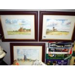 A set of 3 framed & glazed watercolours of windmills. Collect Only.