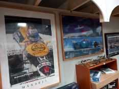 Two large framed and glazed Formula 1 pictures, Nigel Mansell in a Williams and Johnny Herbert in
