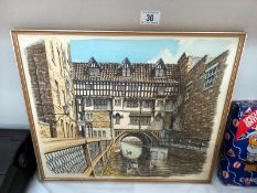 A framed picture of High bridge and the Glory hole, Lincoln.