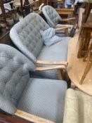 An oak framed Cottage pair of chairs and 2 seater similar sofa with deep button back COLLECT ONLY