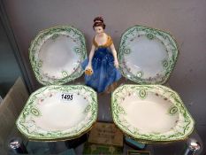 6 Shelley soup/dessert dishes in a basket and a Royal Doulton Lady Melanie