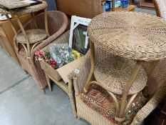3 Conservatory wicker chairs and 2 small round wicker side tables.