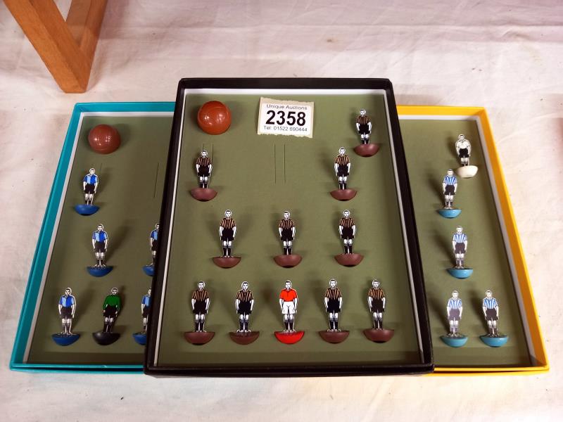 3 Subbuteo celluloid/card teams in modern holder boxes