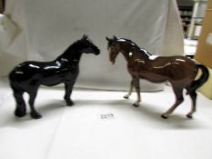 Two Beswick horses both a/f, black has chip to ear, brown has repaired leg and chip to ear.