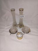 A pair of silver topped spill vases and a pair of salts etc. (5 items)