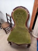 A floral carved frame nursing chair with green button upholstery COLLECT ONLY