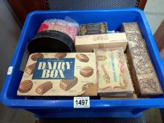 A box of old chocolate boxes and sweet tins etc.