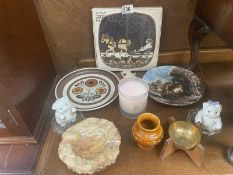 Plates and other decorative ornamental items including stone ashtray and pig, salt and pepper pots
