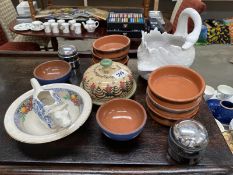 Miscellaneous clay and porcelain items including Swan planter, dishes etc.