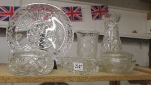 Two cut glass vases, bowl, butter dish and two lidded bowls, COLLECT ONLY.