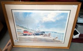A framed & glazed limited edition print, ship & harbour scene 'The cable landing, A Filen? (406 of
