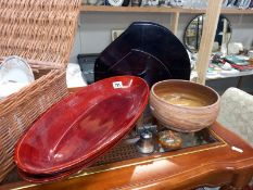 2 wood bowls, a wood magazine rack, wood effect clay bowl etc