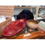 2 wood bowls, a wood magazine rack, wood effect clay bowl etc