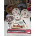 A selection of collectors plates and thermometers, spoons, toothpick pot etc.