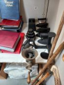 A quantity of cast iron items including cobblers stay & weights & a meat grinder. Collect Only.