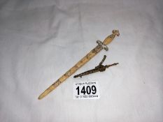 A small enamelled sword paper knife & sword collectors pin