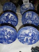 Six small blue and white collector's plates depicting tradesmen.