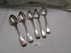 Five silver table spoons, 340 grams.