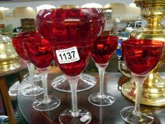 A set of 6 cranberry twisted stem glasses & large cranberry bowl Collect Only.