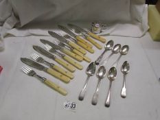 Seven silver spoons, a silver mustard pot with liner (Chester) a set of 6 silver banded fish knives