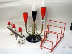 3 retro items including candlestick, electric light & plate rack