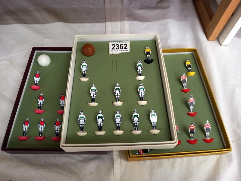 3 Subbuteo celluloid/card teams in modern holder boxes