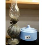 A small silver plate lamp M.36 & Victorian blue glass oil font