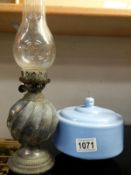 A small silver plate lamp M.36 & Victorian blue glass oil font