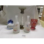 A pair of opalin glass vases, an etched glass vase, a smoked glass candlestick and a dolphin