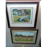 2 cricket related framed & glazed prints - Cometh the hour & Hadlee's last wicket in test cricket.