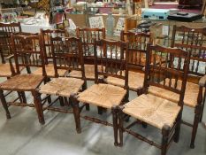 A set of 10 rush seated pad foot chairs, four a/f. COLLECT ONLY.