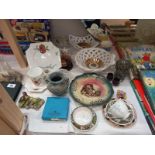 A selection of decorative porcelain items, lattice bowls, plates, cups etc plus stoneware pots,