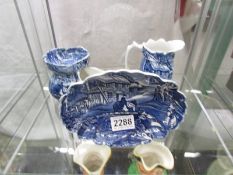 Three pieces of James Kent blue and white being an oval dish, a shaving mug and a jug.