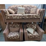 A superb quality brown floral three piece suite in good condition, COLLECT ONLY.