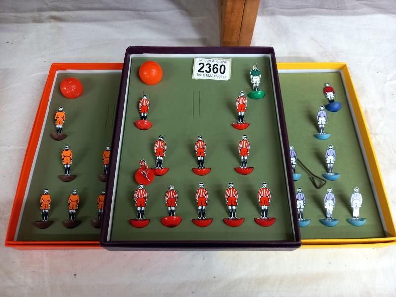 3 Subbuteo celluloid/card teams in modern holder boxes