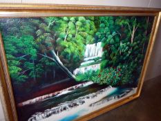 A large oil on canvas painting of a tropical waterfall, 165 x 118 cm. COLLECT ONLY.