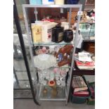 A metal framed open display stand (Glass shelves 47 cm square x 145cm)