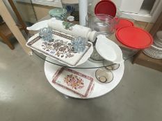 A selection of porcelain and glass kitchenware. 2 shelves